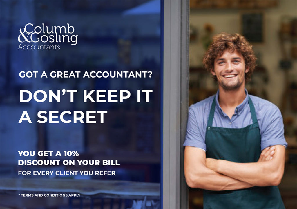 Columb&Gosling Accountants advertisement with man wearing an apron standing against the door frame